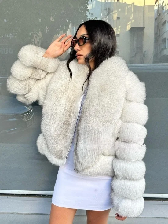 Luxury White Genuine Fox Fur Bomber Jacket NWOT - Picture 8 of 9